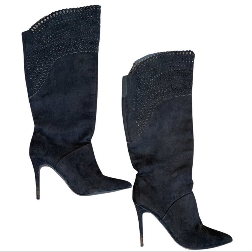 Express black suede boots with heels